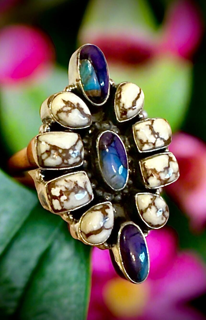 Violet Blue Dahlia Turquoise Oyster Wild Horse Cluster Ring Adjustable 5-12